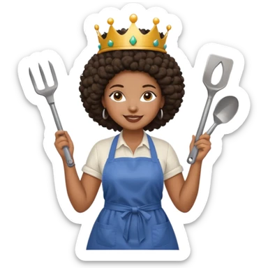 Mujer curvy afro, con vestimenta cómoda y delantal,con una corona sobre su cabeza y sonrisa contagiosa. En la mano herramientas de trabajo pesado sticker