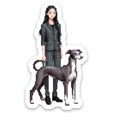Slim Chinese girl with long black hair and her completely solid grey Italian greyhound in a cozy home setting with a fireplace, no white markings on the dog sticker