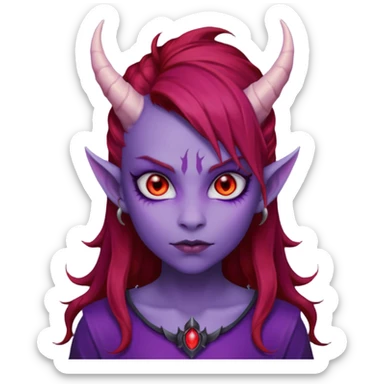 Demon Girl Purple Skin Dragon Horns Black Eyes Red Glowing Pupils Auburn Haired Red Shirt  sticker