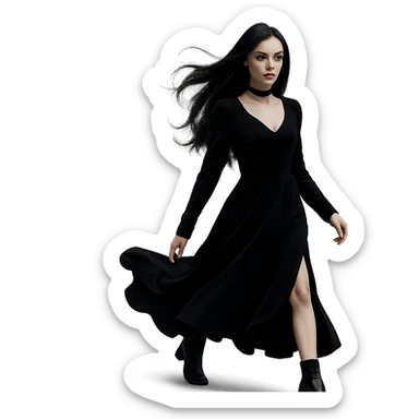 Change the image to a walking pose of a gothic girl mid-stride with a flowing dress. Preserve the transparent background. The style should remain gothic and elegant. sticker