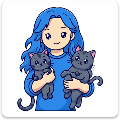 Girl with long wavy blue hair holding three cats, one black cat, one grey cat, and one grey-striped cat sticker