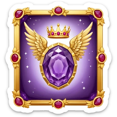 Big amethyst geode with red rubby dots inside award-in-frame-decorated-with-big-golden-angel--wings and crown sticker