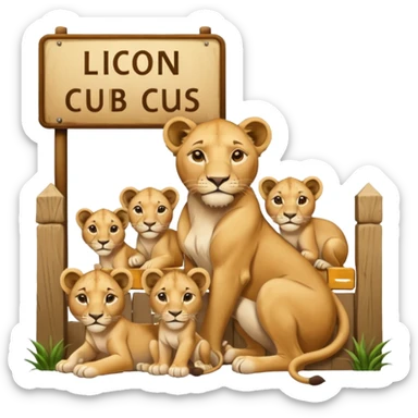 Un letrero del zoológico que dice “LION CUBS — BORN LAST WEEK” y delante una leona con sus cachorros recién nacidos, con la gente mirando emocionada desde la reja.






 sticker