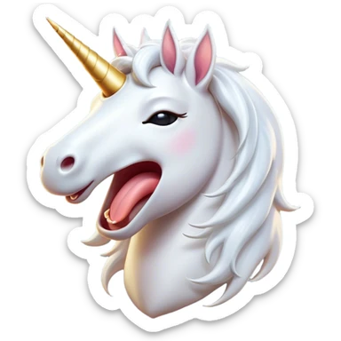 Cinematic Cute Yawning White Unicorn Portrait Emoji, Head tilted slightly with a dramatic, wide-open yawn, showcasing a softly elegant form with a gently cascading mane, a subtly glowing horn and sleepy, half-closed eyes, Simplified yet irresistibly adorable features, highly detailed, glowing with a soft, cozy magical glow, high shine, relaxed yet expressive, stylized with a dash of whimsical enchantment, soft glowing outline, capturing the essence of a drowsy yet affectionate white unicorn that appears ready to stretch and yawn its way out of the screen! sticker