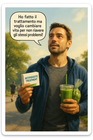 A realistic, cinematic illustration of a man in his early 30s with a determined and hopeful expression, standing outside under a bright morning sky, holding a small box labeled 'Antiparasitic Treatment' in one hand, while in the other hand he holds a fresh green smoothie or a bag of vegetables. A speech bubble near him says: ‘Ho fatto il trattamento ma voglio cambiare vita per non riavere gli stessi problemi!’ The man is wearing casual but clean and sporty clothing, symbolizing a fresh start, with the background showing a city park with green trees, morning light, and people jogging, indicating a healthy lifestyle. The atmosphere is bright, uplifting, and motivating, clearly illustrating the transition from treatment to lifestyle change to prevent future health issues. The style is realistic with warm tones, showing positive energy and commitment to change in italiano sticker