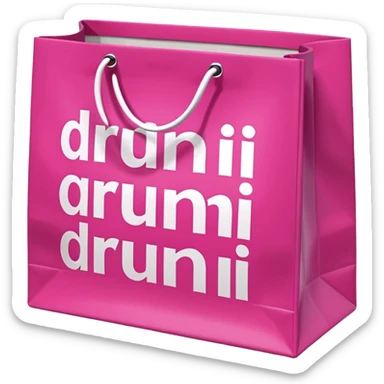 Fuchsia pink paper bag with white handles, repeating DRUNI pattern in light pink and a large vertical 'DRUNI' in bold white letters in the center, iOS emoji style, shiny and realistic. sticker