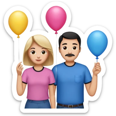 Mom in pink shirt dad in blue shirt holding 1 baloon black sticker