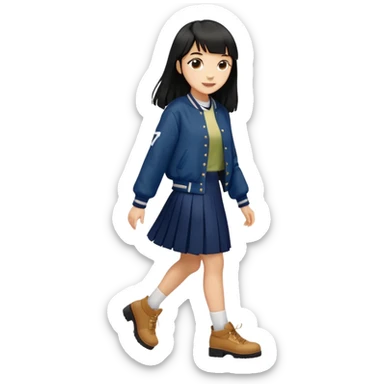 hair : black long hair with fringe (almost waist length) 
skin : light 
outer : deep brown varsity jacket (oversize) 
skirt : navy long long skirt (under knee, close to toe)  
motion : walking alone 


 sticker