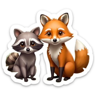 Collage of a raccoon and a fox, in close-up, set in a beautiful forest with tall trees, green bushes, and sunlight filtering through the leaves. Both animals look curious and playful. A vibrant, wild atmosphere with a transparent background. sticker