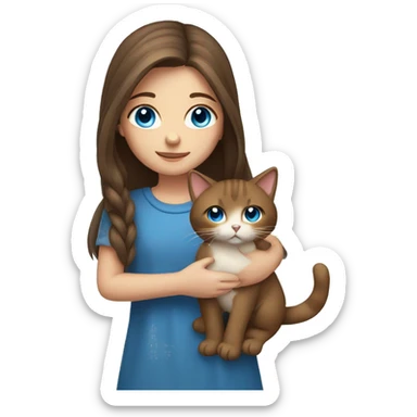 Girl with long brown hair and blue eyes holding a cat sticker