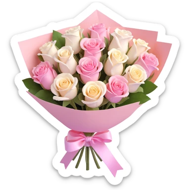 bouquet of pink and white roses wrapped in pastel paper with a ribbon, glossy finish, realistic textures, modern and clean look, soft lighting sticker