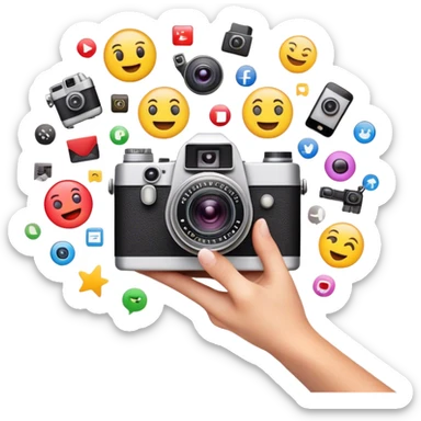 a composition of various media and technology-related emojis, arranged in a visually appealing way. At the center, there is a vintage-style camera emoji with a bright flash effect, symbolizing photography. A hand holding a smartphone emerges from behind the camera, representing digital and mobile content creation. Surrounding the central camera are a film camera, a laptop, and a smartphone with a colorful app grid, illustrating video production, digital work, and social media. The design is clean, modern, and conveys a theme of multimedia, content creation, and technology. sticker