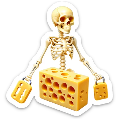 K2-rich foods (cheese, egg yolk, natto) transforming into golden keys that unlock bone structures, guiding glowing calcium particles to strengthen the skeleton. The keys simultaneously block calcium from entering arteries, showing how vitamin K2 acts as a wise guardian of calcium distribution. sticker