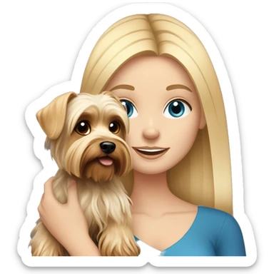 white girl with blue eyes and blonde hair holding a dog yorkshire terrier sticker