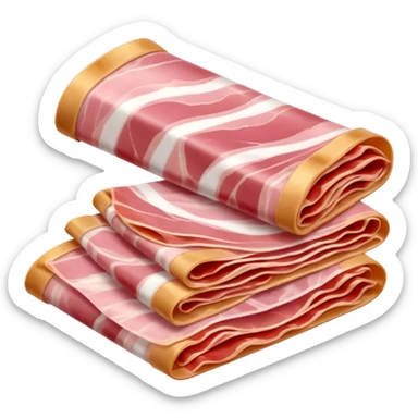 Prosciutto di Parma, thin folded slices, pink to red, white fat ribbons, silky, translucent, curled or rippled, smooth creamy fat, marbled, clean 3D, soft lighting, transparent background, emoji scale sticker