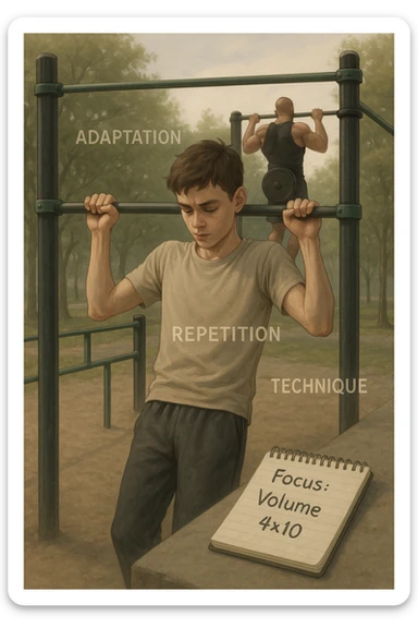 Giovane atleta principiante, fisico asciutto ma non muscoloso, si allena in uno street park con sbarra e parallele. Sta eseguendo serie lunghe di trazioni a corpo libero, concentrato sulla tecnica e sul controllo. Vicino a lui si vede un block notes con scritto a penna 'Focus: Volume, 4x10', mentre in lontananza un altro atleta molto più grosso fa una singola ripetizione con zavorra pesante. Il neofita guarda il suo diario, non gli altri. L’ambiente è sereno, luce naturale, atmosfera di crescita e disciplina. Sullo sfondo si intravedono i concetti scritti in aria con stile metaforico: 'Adattamento', 'Ripetizione', 'Tecnica', fluttuanti accanto a lui sticker