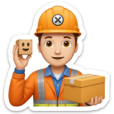 emoji style railway engineer full body in orange overalls, carrying a box with both hands sticker