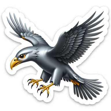 Emoji-style icon of a large metallic predatory bird flying, sharp wings, steel texture, dramatic pose, no gold sticker