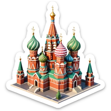 Isometric illustration of Moscow, featuring Saint Basil's Cathedral with colorful onion domes, hand-drawn painterly details, subtle texture on bricks and roofs, realistic shadows and soft lighting, muted yet vivid color palette, diorama miniature effect. sticker