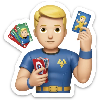 Vault boy from fallout with marvel snap cards in hand sticker