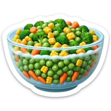 A close-up of a bowl filled with frozen mixed vegetables — peas, carrots, corn, and broccoli — covered with a light layer of frost. The colors are bright but slightly muted from freezing. Natural lighting, high-detail macro food photo. sticker