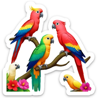 Close-up collage of vibrant Ara parrots and Inca cockatoos sitting on tree branches, surrounded by lush greenery. Bright colors of the birds stand out against a natural, sunny background of trees, flowers and fruits. Transparent background. sticker