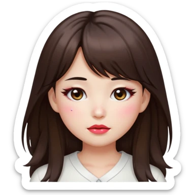 “japanese style Emoji brunette girl long hair with side bangs white top, dewy skin, heavy blush across cheeks and nose bridge, glossy cherry lips, soft eyeliner, teary sparkling eyes sticker