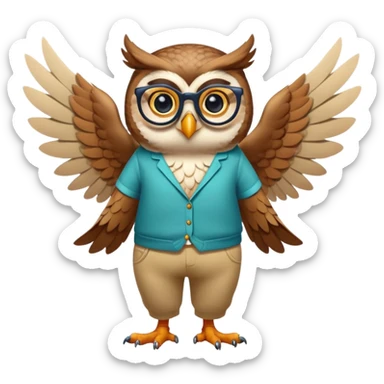 friendly anthropomorphised owl with wings instead of arms, colourful pants and shirt, wearing glasses, walking upright, unique pose 1 sticker