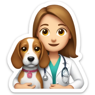  Beagle dog cuddles pediatrician woman with medium long  brown hair  sticker