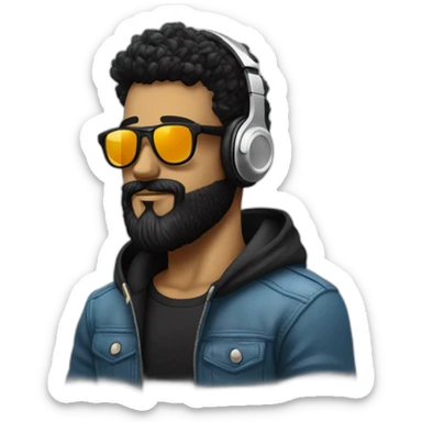 A stylish boy wearing headphones and sun glasses and in background music waves black hair black beard new trending look sticker