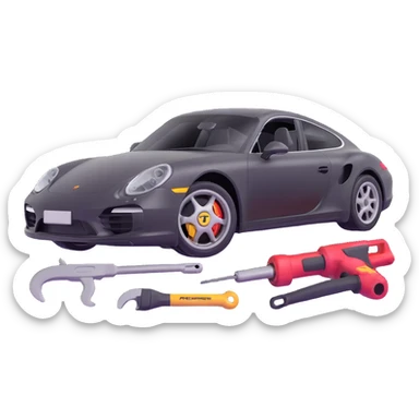 icon of a Porsche luxury car with a clearly visible dent or damage on the bodywork, with bodywork reconstruction tools like a lever, small hammer, and repair equipment positioned to show active repair, elegant and modern sticker