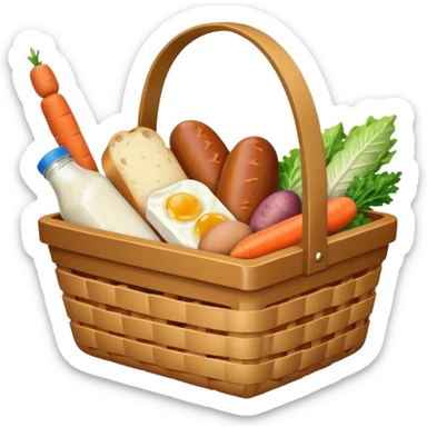 basket with groceries: milk, bread, sausage, eggs, potatoes, carrots, onions, cabbage sticker
