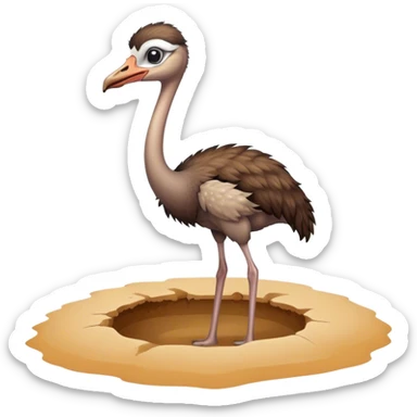 An ostrich standing next to a hole, with their neck bent and their head in the hole in the sand. sticker