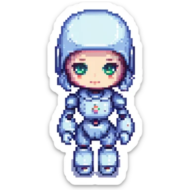 portrait of a cute female recruiter robot, 8-bit pixel art style, metallic, with long eyelashes sticker