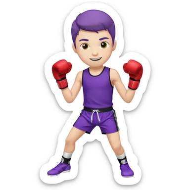 now make a boy whose white smiling in purple kickboxing full shirt with Fighting HARD on the shirt sticker