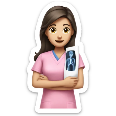 Brunette girl in pink scrubs looking at an arm X-ray  sticker