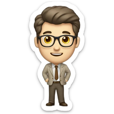 To belt Actively gesturing with hands Pale skinned fit man teacher with dark brown hair in gray jacket, beige office shirt, brown tie, brown pants and vintage glasses. sticker