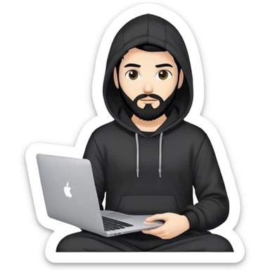 hackeur blanc cheveux noir barbe et capuche noir avec un macbook sticker