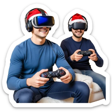 Homme noir, week-end détente, avec casque VR et manette PS 2025, assis dans un salon cosy décor Noël. Père Noël à côté, sourire amical, sapin illuminé, guirlandes et cadeaux au sol. Style réaliste, lumineux, ambiance festive & gaming. sticker