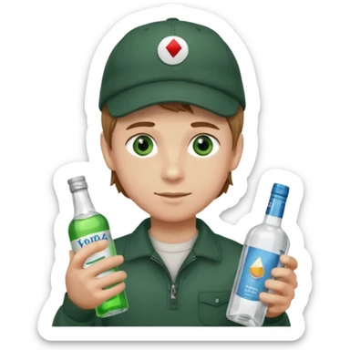 garçon avec yeux vert foncé qui a une puff 16k jnr à l’un main et une bouteille de vodka à la main avec une coupe casquette et les cheveux chatin clair  sticker
