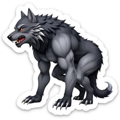 cinematic-noble-fierce-werewolf-full body on all fours-emoji, poised-and-imposing, with a tall, lean, and muscular wolfish frame inspired by the brutal, imposing shape of the beast from Berserk, fur rippling in shades of midnight black and silver, massive paws with razor-sharp claws, elongated limbs and fangs, eyes glowing with an intense, primal ferocity, reflecting the untamed power of the wild moonlit night; rendered with realism like a wolf hunched over sticker