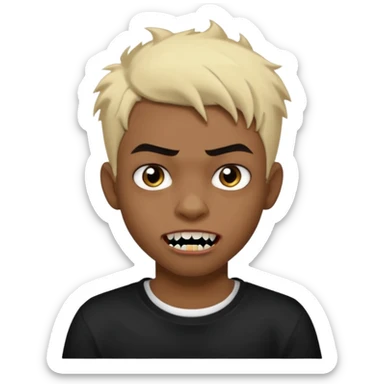 Black Male Teenager with Short punk messy blonde hair, Dark brown bushy eyebrows large expressive golden-brown eyes, wearing a plain white t-shirt, Dark Brown skin color. vampire tooth sticker