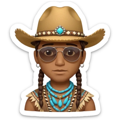 cute Indigenous tribal male portrait, head and shoulders only, cowboy hat, sunglasses, tribal jewelry, confident expression, 3D cartoon, mobile game icon style, clean background, no text, no watermark
 sticker