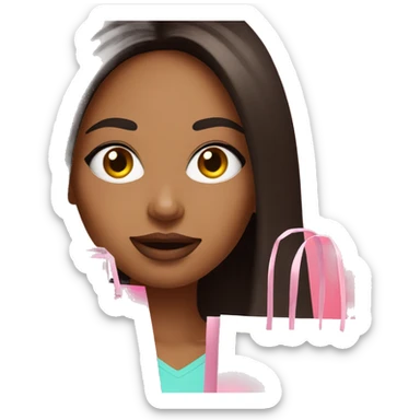 Brunette influencer woman taking selfie with a pink shopping bag sticker