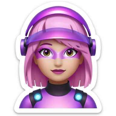 “Futuristic Roblox girl emoji, 2050 style. Pink-purple holo visor, light-strand hair, digital eyes sparkle, metallic pastel glow, neon aura background.” sticker