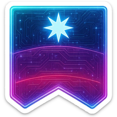 Transform the banner into a cyberpunk, holographic style with glowing neon blue and pink edges. Add intricate circuit patterns throughout the banner with a transparent background. Maintain the recognizable shape, color bands, and star, overlaying neon and circuit effects in a futuristic, clean style consistent with cyberpunk glow and intricate circuit details. sticker