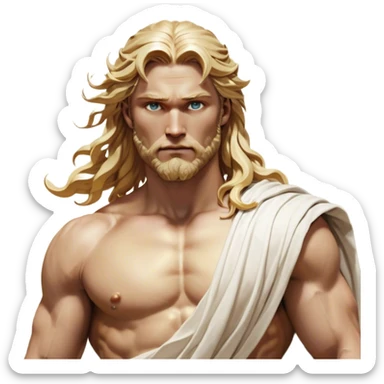 Cinematic Realistic Thor Portrait, depicted as a classical Greek god with a chiseled, sculpted physique reminiscent of ancient marble statues. His fair, luminous skin carries a subtle golden sheen, and his long, wavy, sun-kissed golden hair flows elegantly around his noble face, accentuating his determined, piercing eyes. Draped in a flowing white toga with delicate golden accents and hints of lightning motifs, the portrait is rendered in dynamic natural lighting with a radiant, mythic glow that exudes timeless strength and divine grace. sticker