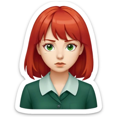 Woman with red bangs shoulder length hair wearing dark green work dress and press pass around neck  sticker