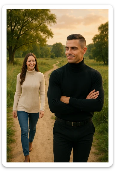 a man and a woman walk together along a winding path in a natural landscape. In one version, the woman leads confidently while the man follows a few steps behind, looking at lei con ammirazione. In un’altra versione, i ruoli sono invertiti, con l’uomo che guida e la donna che lo segue sorridendo. La scena trasmette l’idea che entrambi possano guidare o seguire, a seconda del momento. sticker