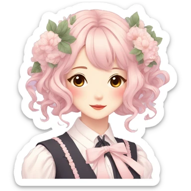 Gorgeous pastel anime style lady with blushing face and flowers and laces and bow ties and pretty hair aesthetic trending style sticker